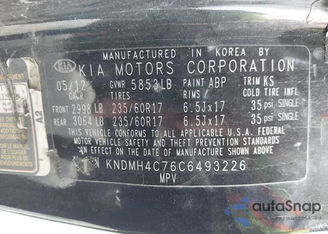 2012 Kia Sedona Ex z USA, uszkodzony, nr VIN KNDMH4C76C6493226